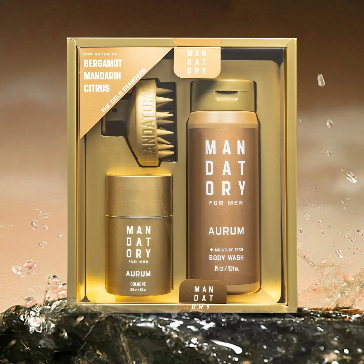 MANDATORY Men's Fragrance Set Gift Cologne Spray 2.0 Oz Body Wash 14 Oz Shower Gel 1 Pc Hair Scalp Massager Brush 3pcs Gifts Set