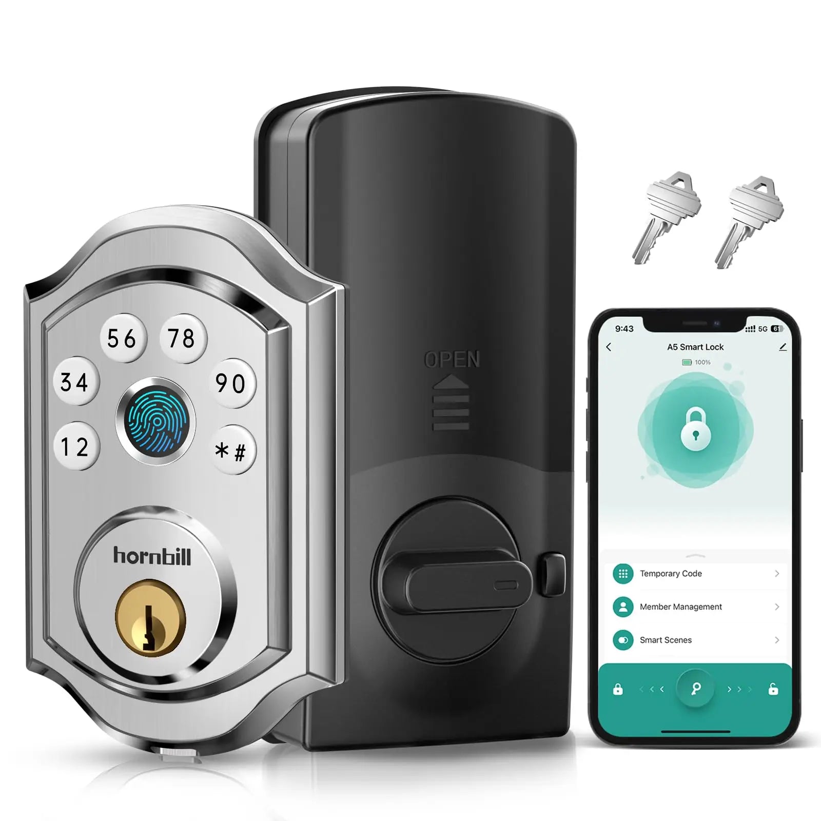 Hornbill A5 Fingerprint Smart Front Door Lock Keyless Entry Deadbolt Electronic Digital Locks Auto Lock App For Home Office