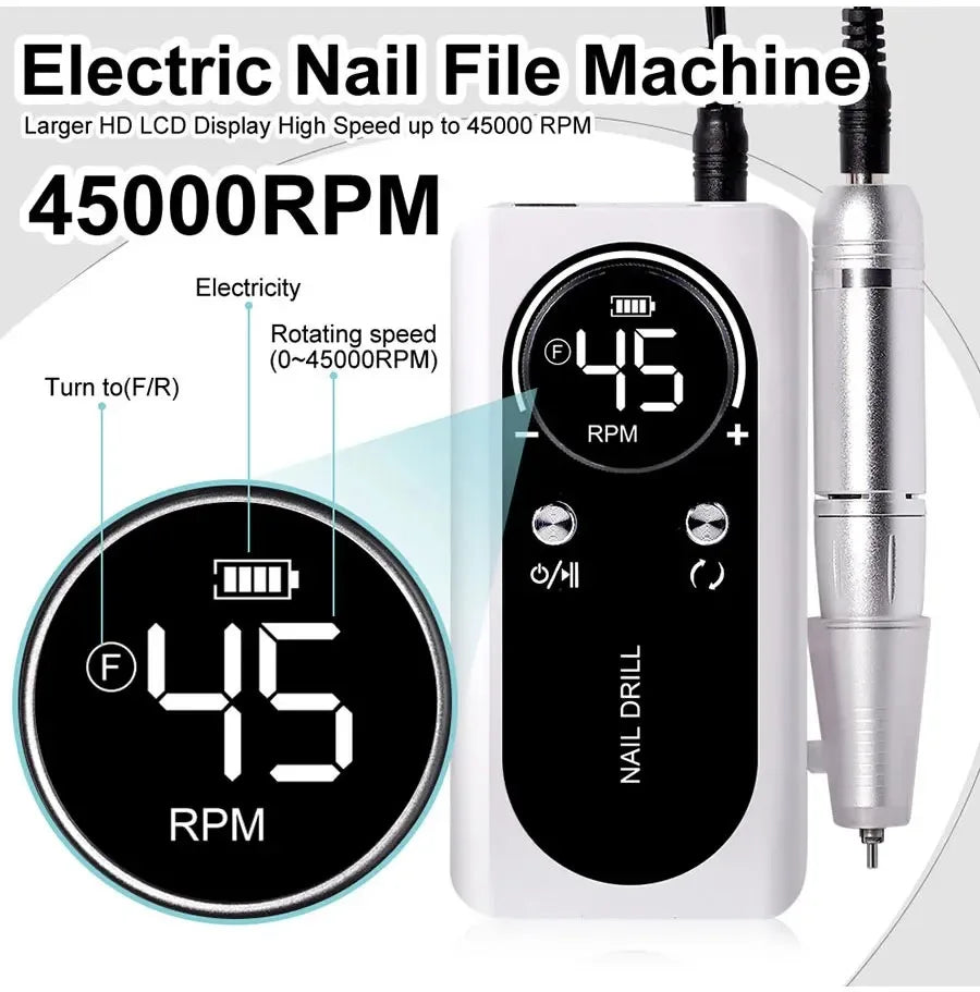 Rechargeable Nail Drill Machine Electric Portable 45000RPM  Nail File Low Noise Nail Sander File for Manicure Salon