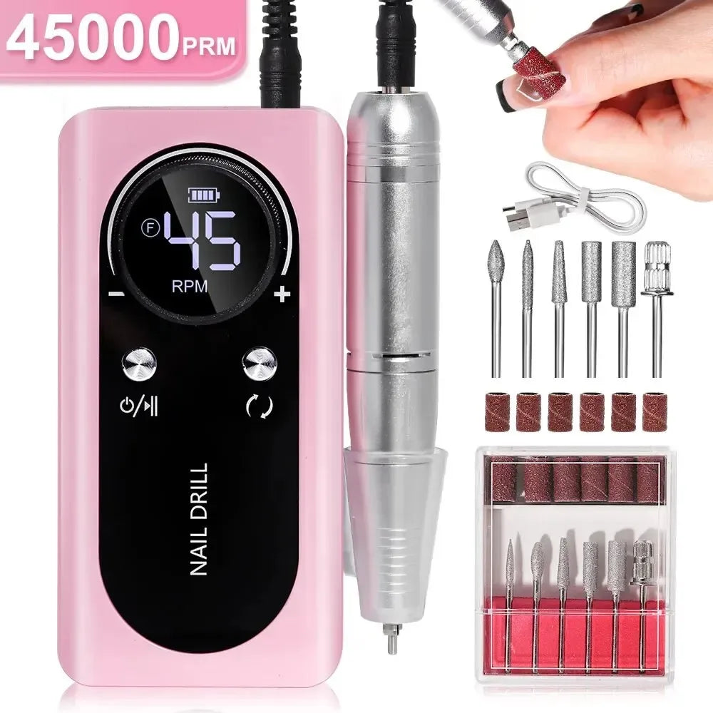 Rechargeable Nail Drill Machine Electric Portable 45000RPM  Nail File Low Noise Nail Sander File for Manicure Salon