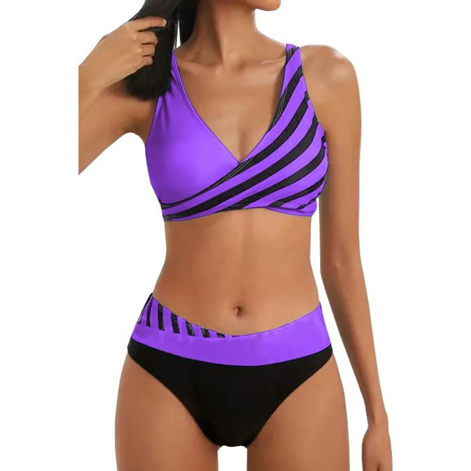 Split Bikini Set Women's Stripe Print V Neck Push Up Bra Brazilian Swimsuit Mid Waist Half Wrap Hip Beach Holiday Fashion Bikini