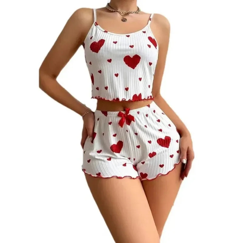 Women's Pajama Set Pajama Short Tank Top and Shorts S M L White Breathable Soft Casual Love Print