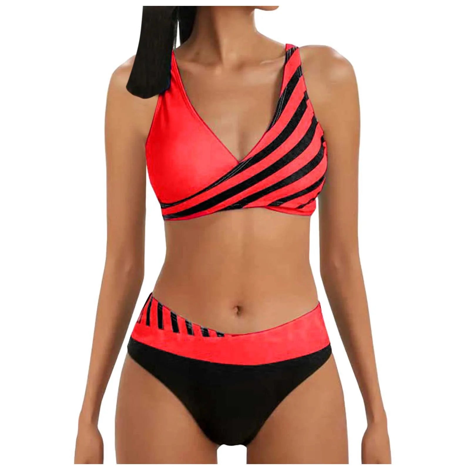 Split Bikini Set Women's Stripe Print V Neck Push Up Bra Brazilian Swimsuit Mid Waist Half Wrap Hip Beach Holiday Fashion Bikini