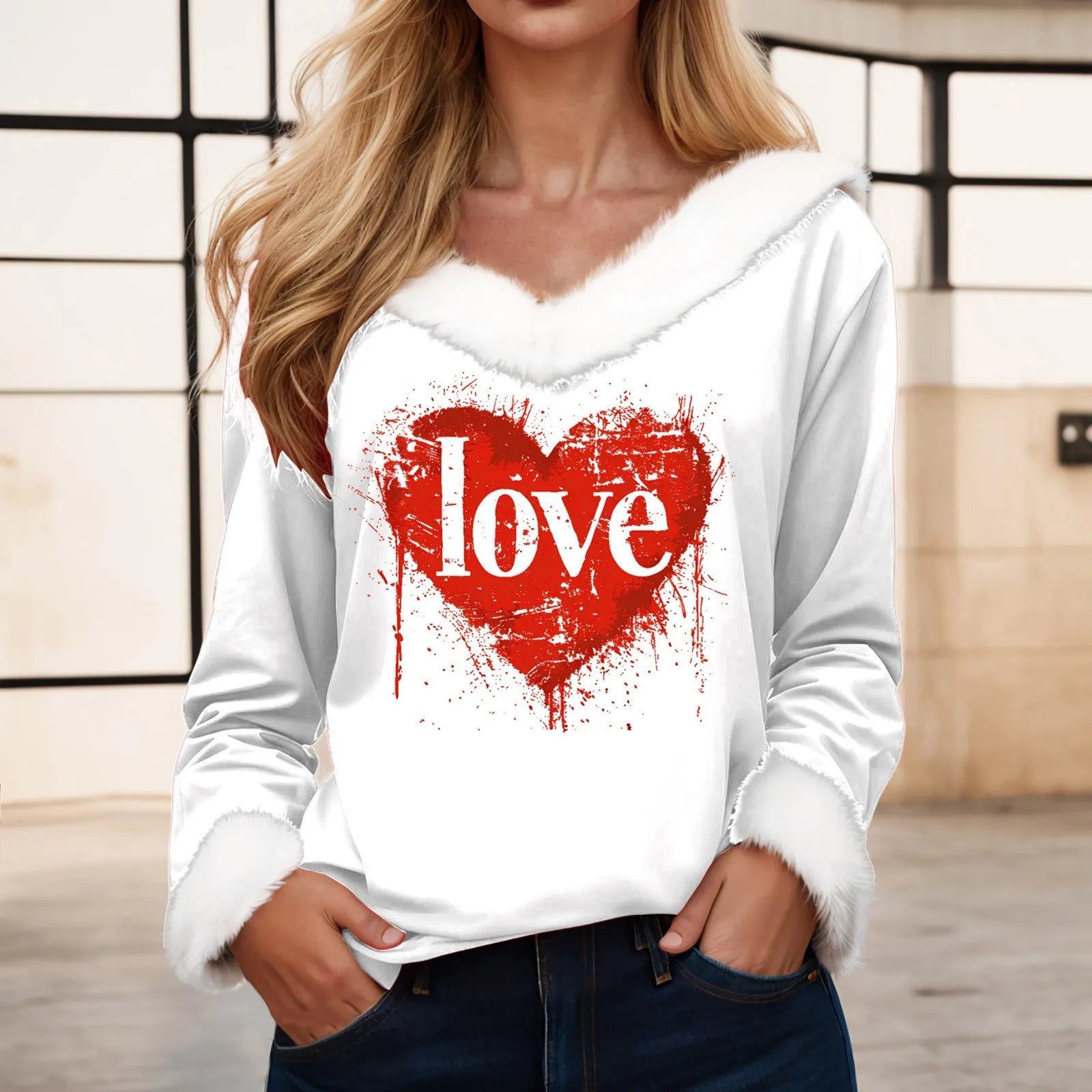 Love Heart Long Sleeve Pullover Tops Shirt Women Valentine Day Printed Casual Fashion V Neck T Shirt Top Nice Maternity Shirts