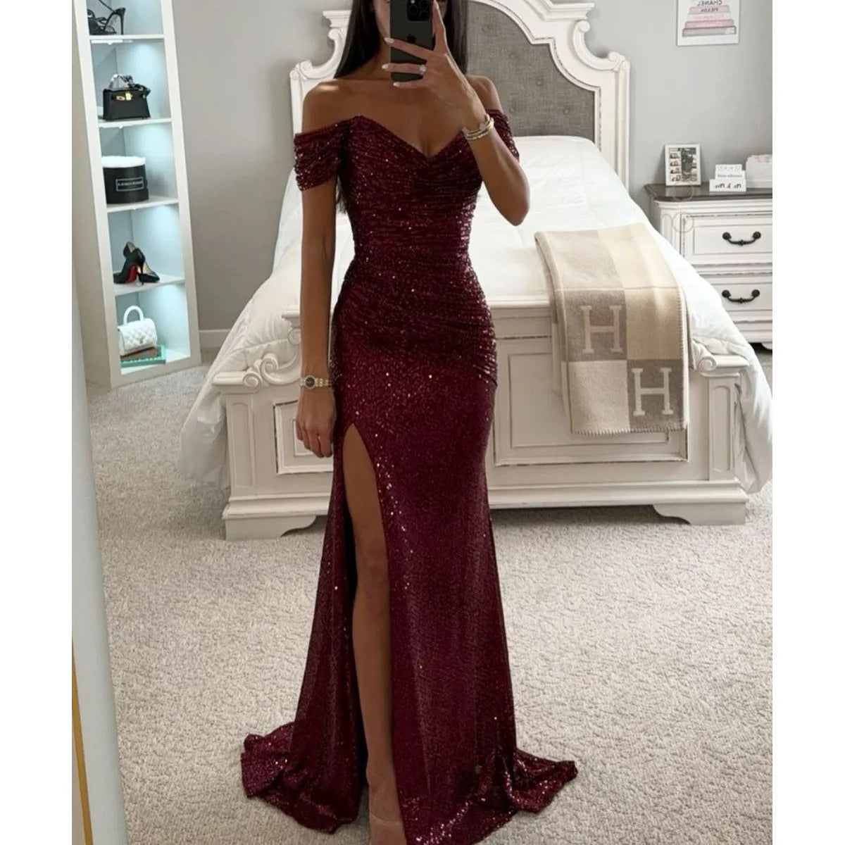 Elegant Women's Sexy Solid Colors Off The Shoulder Sequins Slim Wedding Evening Prom Party Slit Long Dress Vestidos