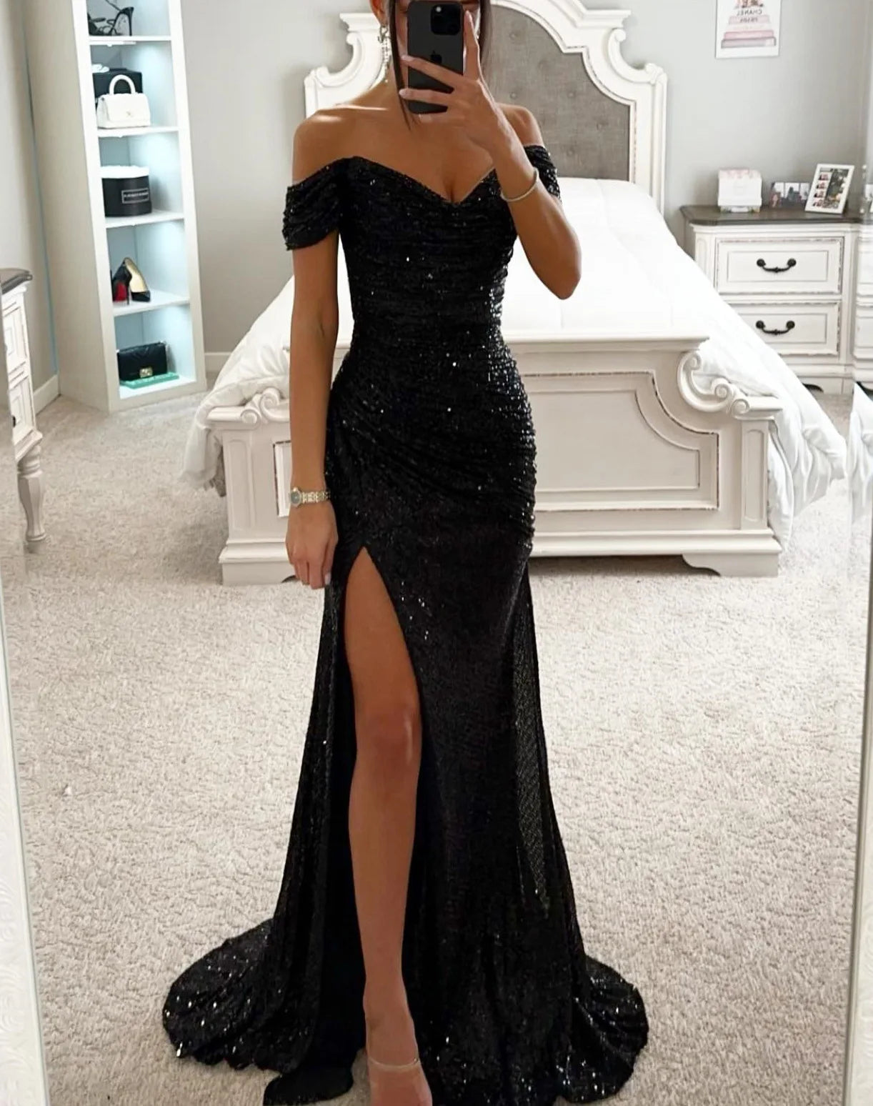 Elegant Women's Sexy Solid Colors Off The Shoulder Sequins Slim Wedding Evening Prom Party Slit Long Dress Vestidos