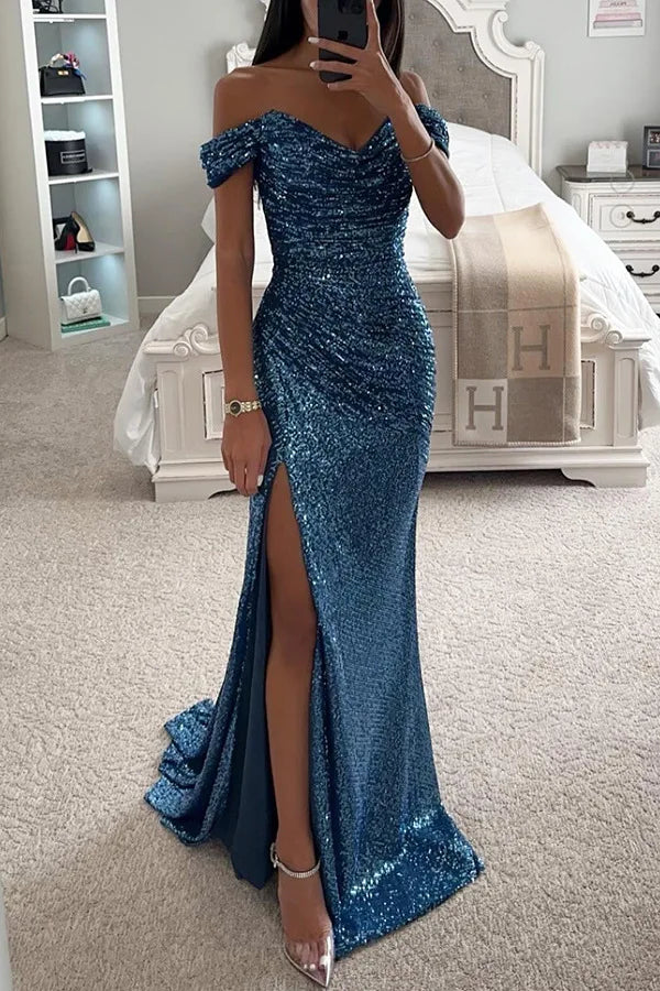 Elegant Women's Sexy Solid Colors Off The Shoulder Sequins Slim Wedding Evening Prom Party Slit Long Dress Vestidos