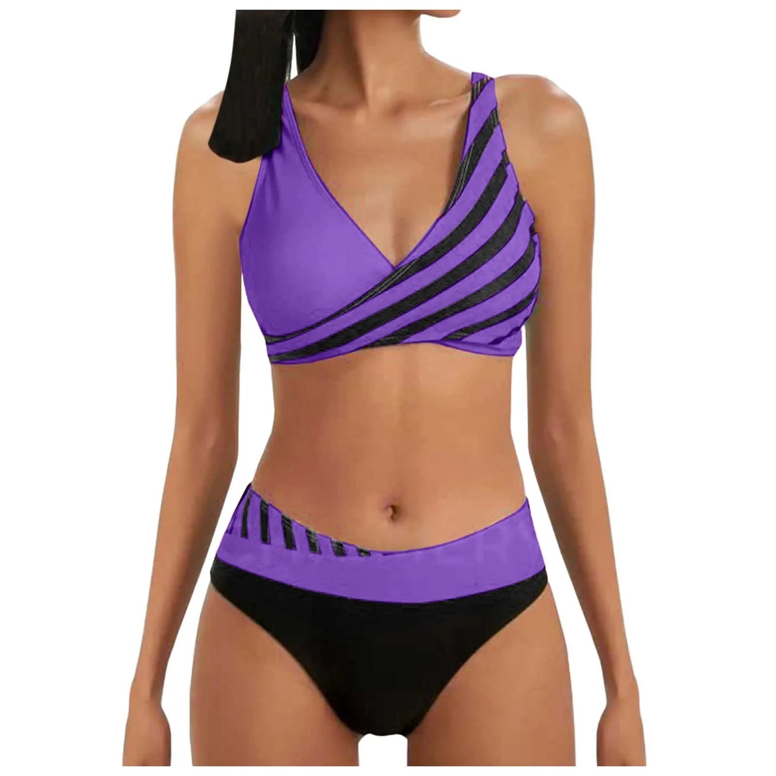 Split Bikini Set Women's Stripe Print V Neck Push Up Bra Brazilian Swimsuit Mid Waist Half Wrap Hip Beach Holiday Fashion Bikini