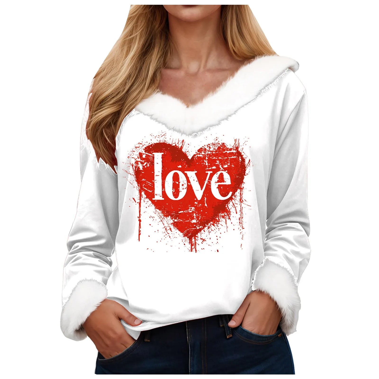 Love Heart Long Sleeve Pullover Tops Shirt Women Valentine Day Printed Casual Fashion V Neck T Shirt Top Nice Maternity Shirts