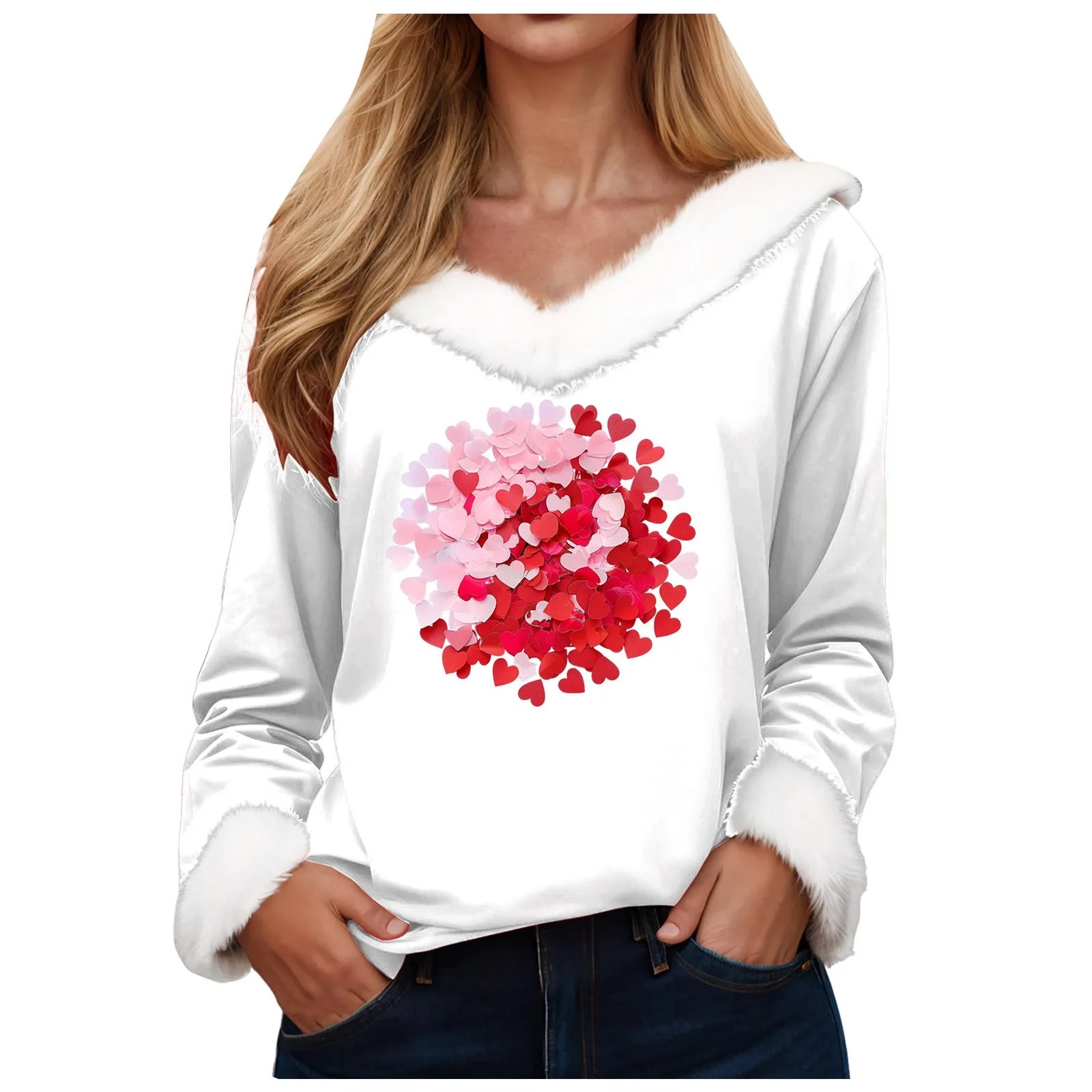 Love Heart Long Sleeve Pullover Tops Shirt Women Valentine Day Printed Casual Fashion V Neck T Shirt Top Nice Maternity Shirts