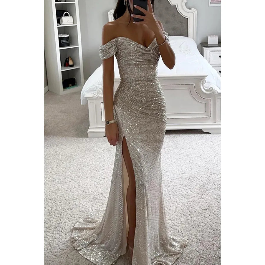 Elegant Women's Sexy Solid Colors Off The Shoulder Sequins Slim Wedding Evening Prom Party Slit Long Dress Vestidos