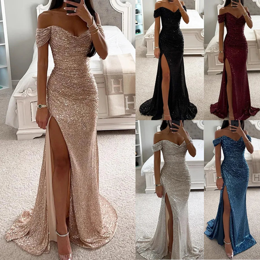 Elegant Women's Sexy Solid Colors Off The Shoulder Sequins Slim Wedding Evening Prom Party Slit Long Dress Vestidos