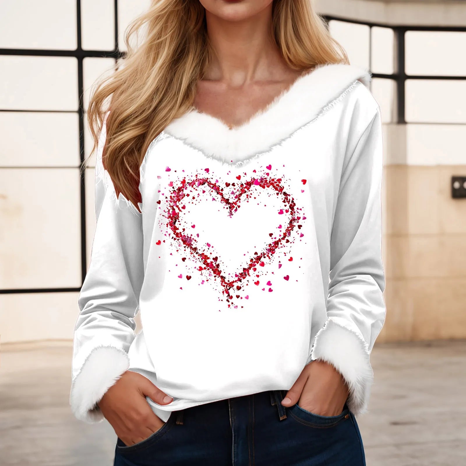 Love Heart Long Sleeve Pullover Tops Shirt Women Valentine Day Printed Casual Fashion V Neck T Shirt Top Nice Maternity Shirts