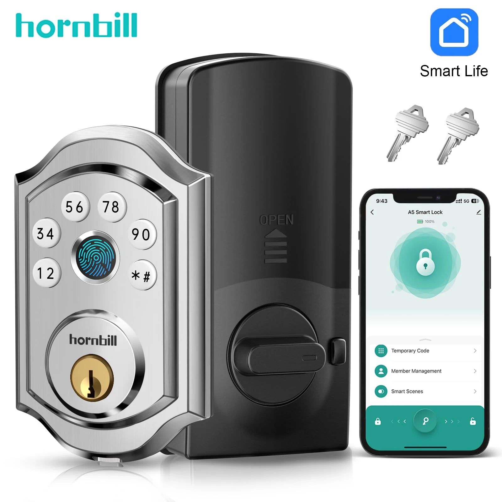 Hornbill A5 Fingerprint Smart Front Door Lock Keyless Entry Deadbolt Electronic Digital Locks Auto Lock App For Home Office