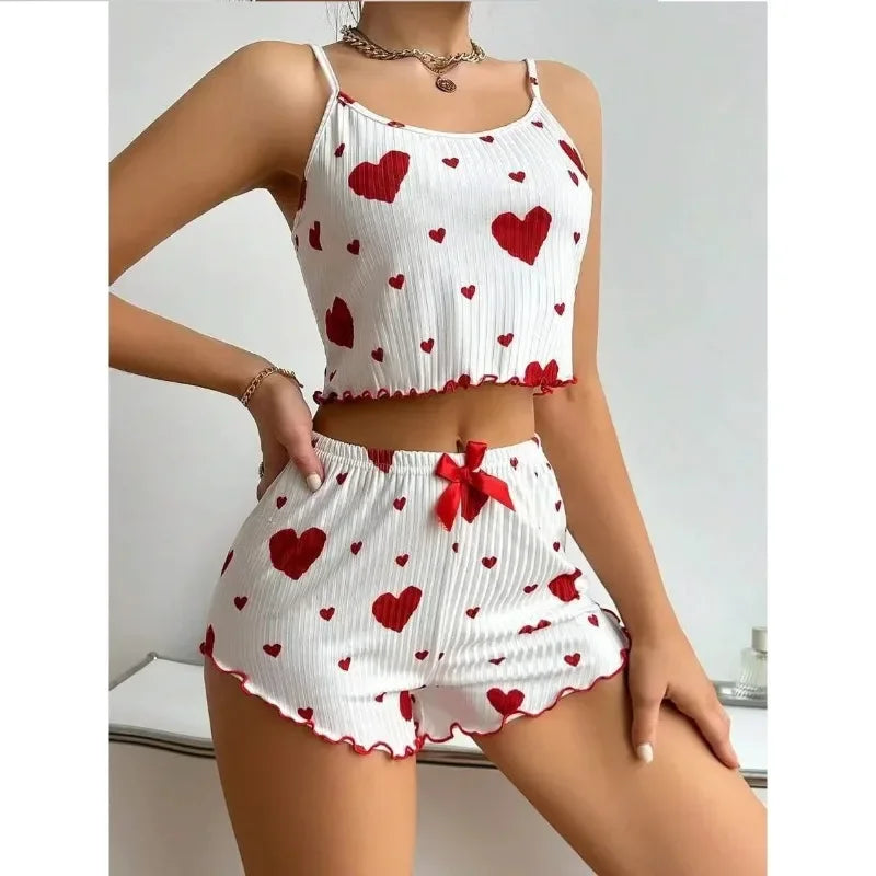 Women's Pajama Set Pajama Short Tank Top and Shorts S M L White Breathable Soft Casual Love Print