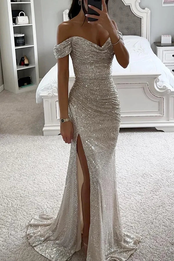 Elegant Women's Sexy Solid Colors Off The Shoulder Sequins Slim Wedding Evening Prom Party Slit Long Dress Vestidos