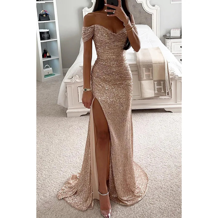 Elegant Women's Sexy Solid Colors Off The Shoulder Sequins Slim Wedding Evening Prom Party Slit Long Dress Vestidos