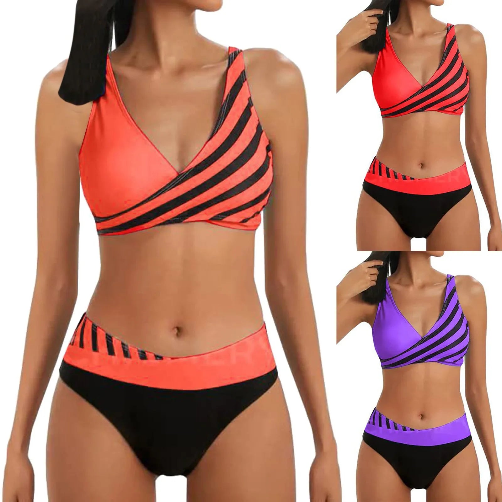 Split Bikini Set Women's Stripe Print V Neck Push Up Bra Brazilian Swimsuit Mid Waist Half Wrap Hip Beach Holiday Fashion Bikini