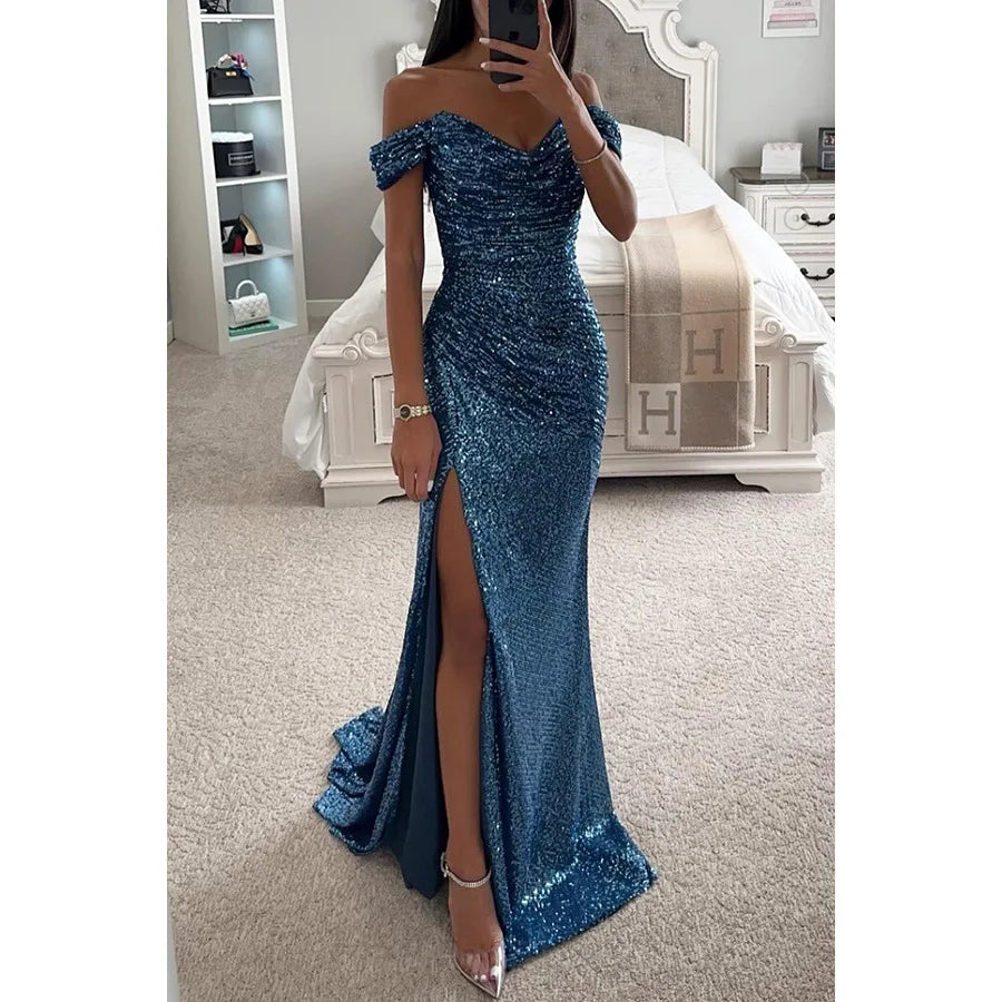 Elegant Women's Sexy Solid Colors Off The Shoulder Sequins Slim Wedding Evening Prom Party Slit Long Dress Vestidos