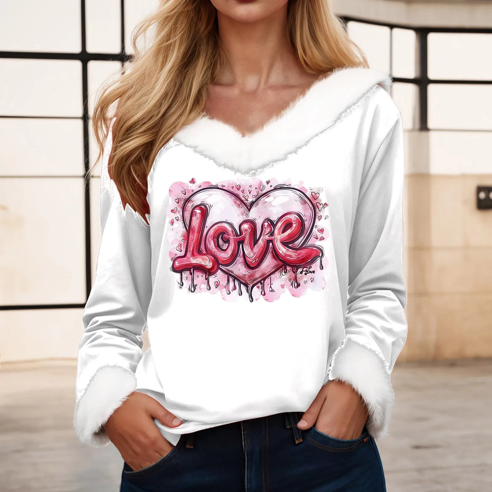 Love Heart Long Sleeve Pullover Tops Shirt Women Valentine Day Printed Casual Fashion V Neck T Shirt Top Nice Maternity Shirts