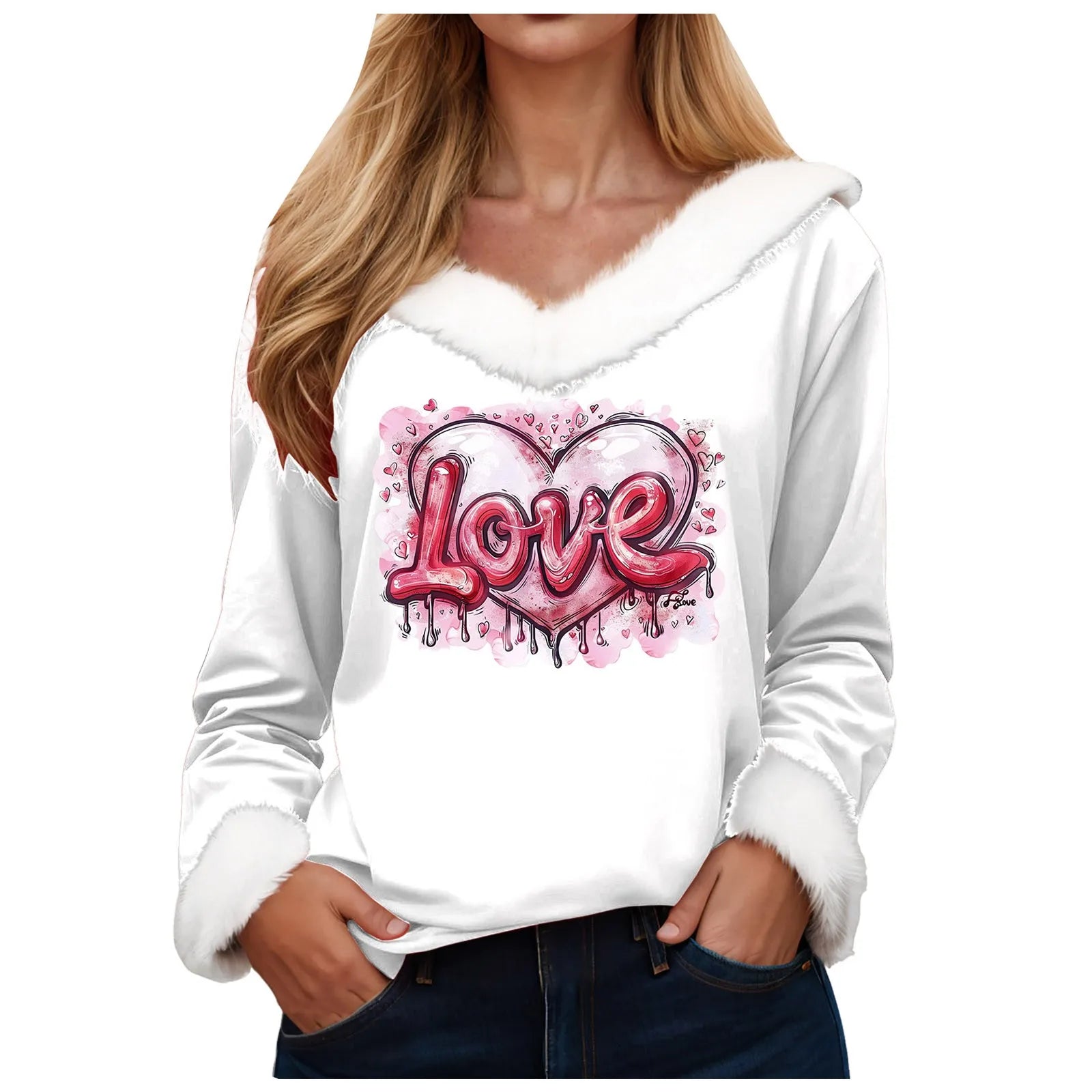 Love Heart Long Sleeve Pullover Tops Shirt Women Valentine Day Printed Casual Fashion V Neck T Shirt Top Nice Maternity Shirts