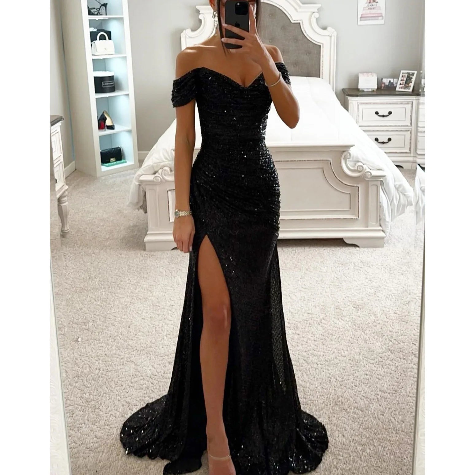 Elegant Women's Sexy Solid Colors Off The Shoulder Sequins Slim Wedding Evening Prom Party Slit Long Dress Vestidos