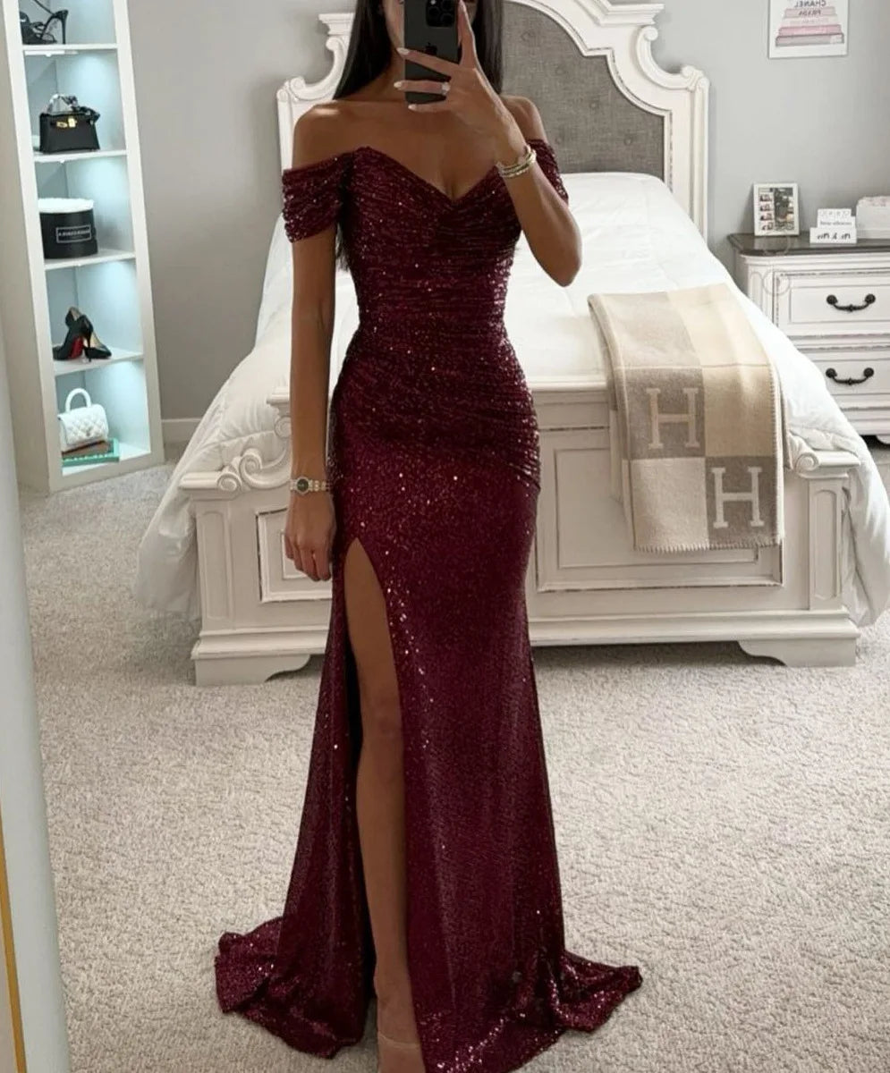 Elegant Women's Sexy Solid Colors Off The Shoulder Sequins Slim Wedding Evening Prom Party Slit Long Dress Vestidos