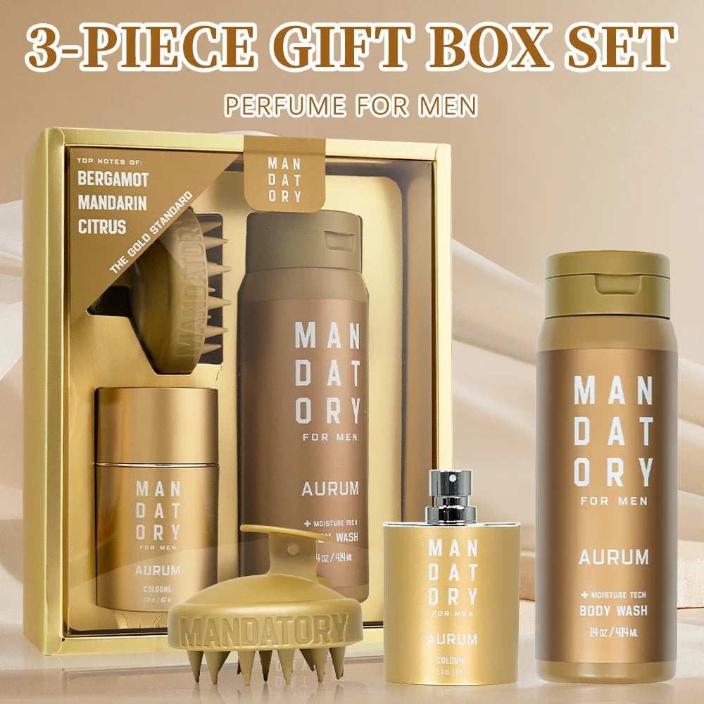 MANDATORY Men's Fragrance Set Gift Cologne Spray 2.0 Oz Body Wash 14 Oz Shower Gel 1 Pc Hair Scalp Massager Brush 3pcs Gifts Set