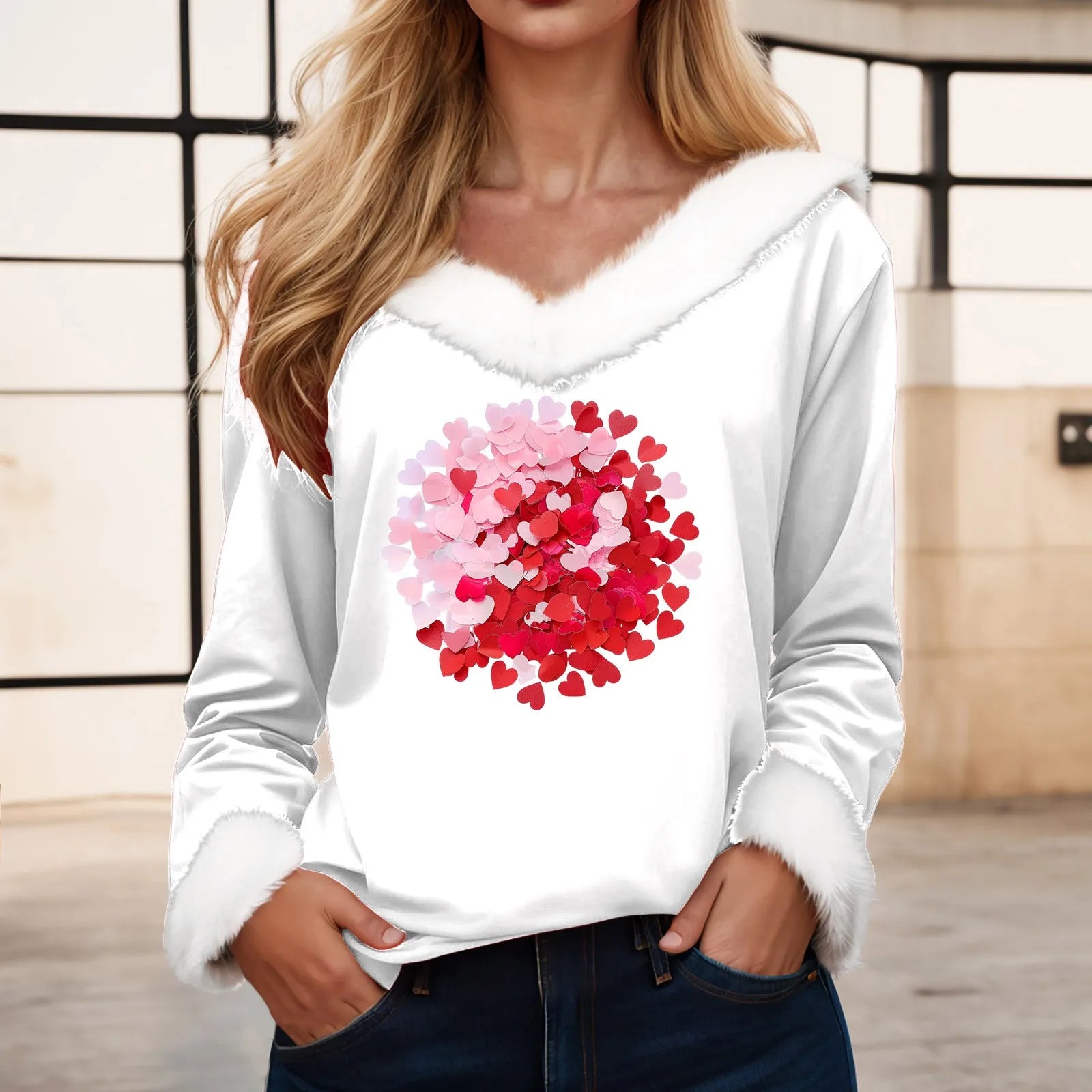 Love Heart Long Sleeve Pullover Tops Shirt Women Valentine Day Printed Casual Fashion V Neck T Shirt Top Nice Maternity Shirts