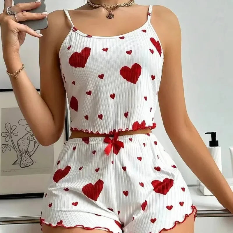 Women's Pajama Set Pajama Short Tank Top and Shorts S M L White Breathable Soft Casual Love Print