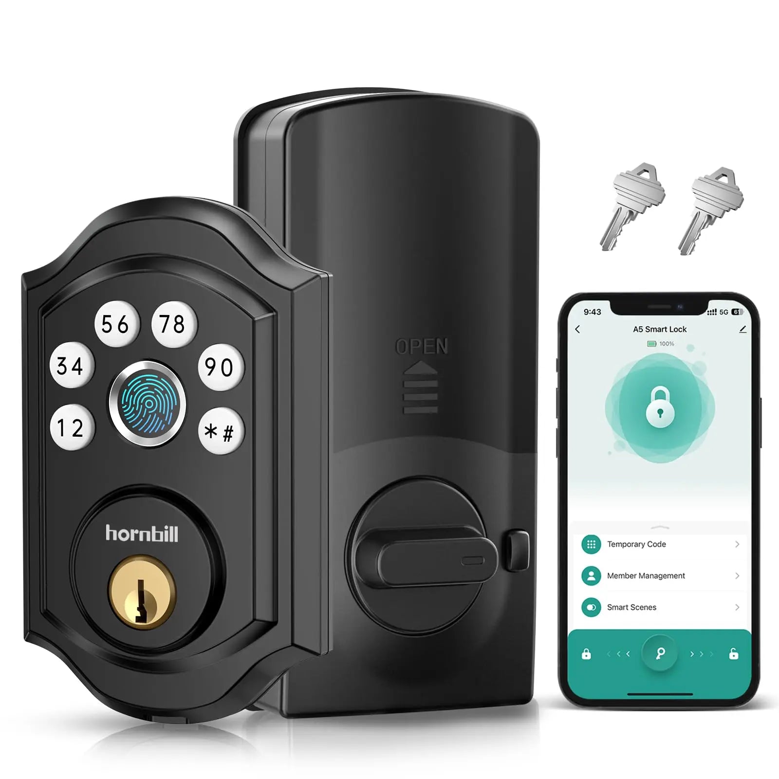 Hornbill A5 Fingerprint Smart Front Door Lock Keyless Entry Deadbolt Electronic Digital Locks Auto Lock App For Home Office