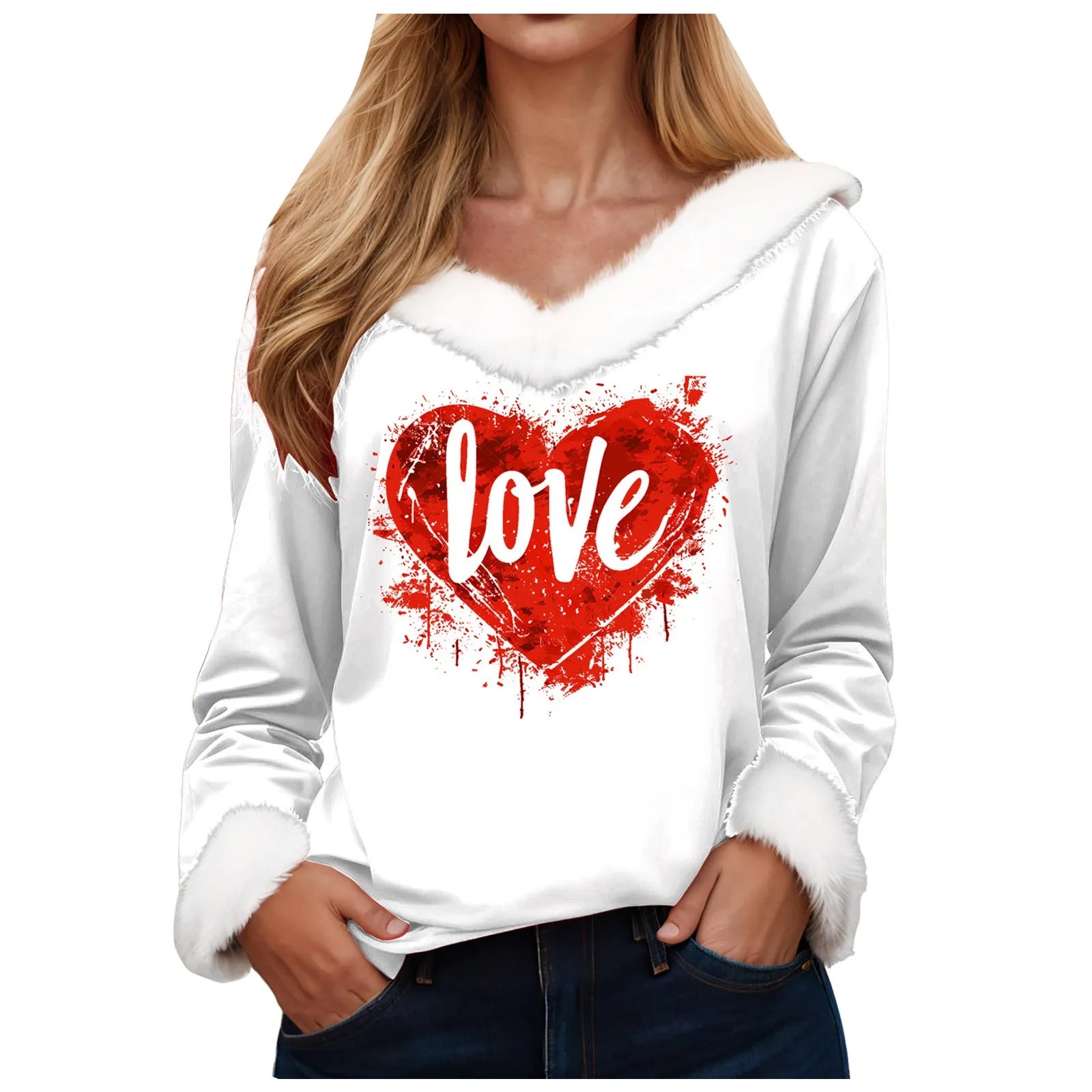 Love Heart Long Sleeve Pullover Tops Shirt Women Valentine Day Printed Casual Fashion V Neck T Shirt Top Nice Maternity Shirts