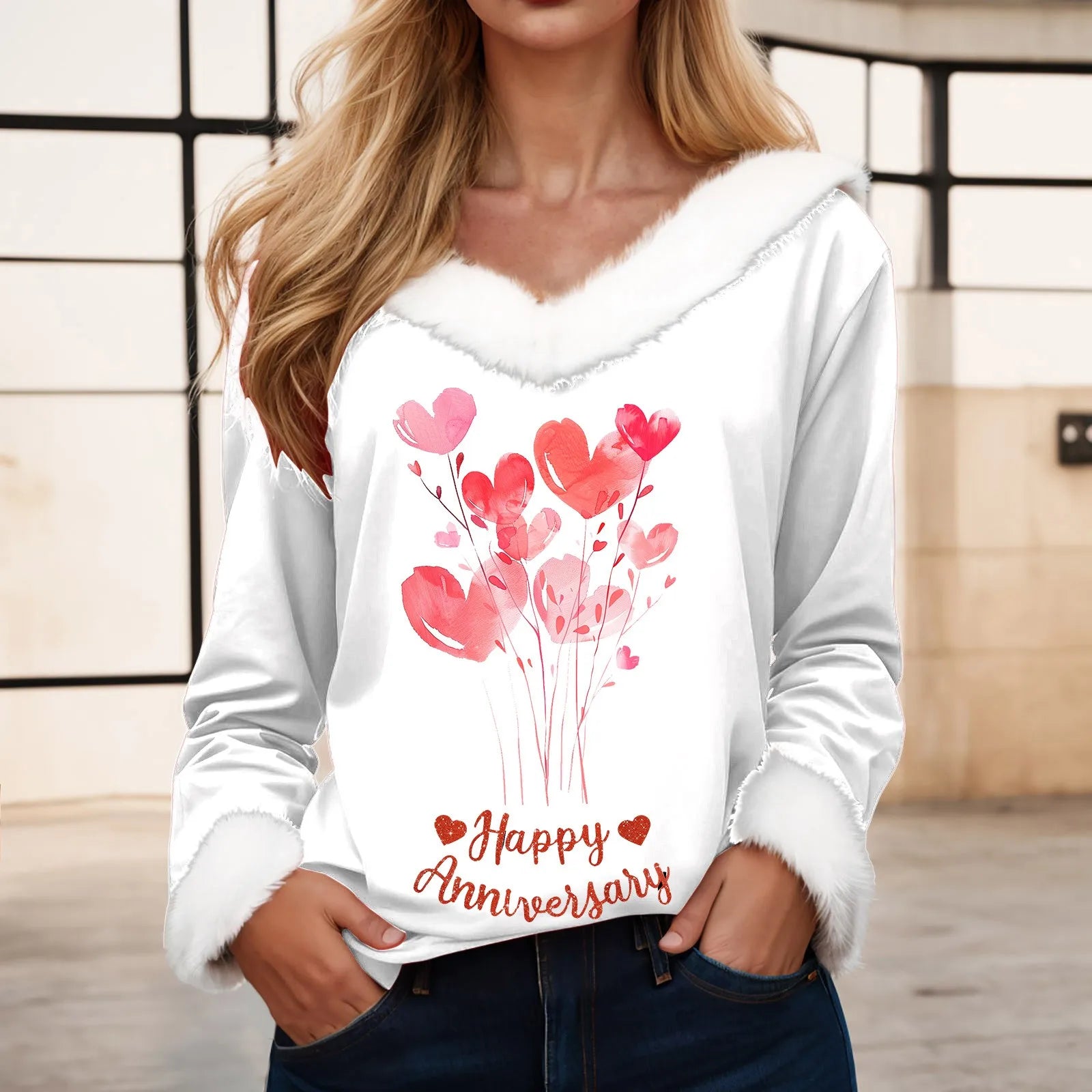 Love Heart Long Sleeve Pullover Tops Shirt Women Valentine Day Printed Casual Fashion V Neck T Shirt Top Nice Maternity Shirts